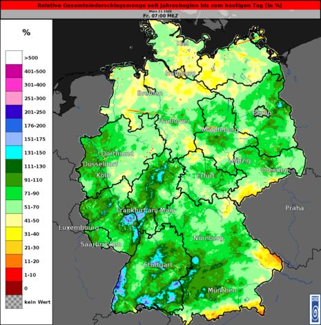 Aus Radardaten abgeleitete Gesamtniederschlagssumme in Relation zur durchschnittlichen Niederschlagssumme seit Jahresbeginn bis zum heutigen Tag in % (Quelle DWD)