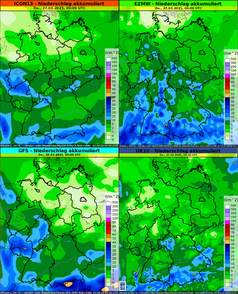Akkumulierte Gesamtniederschlagsmenge in l/m² bis Mitte der kommenden Woche auf Basis unterschiedlicher Wettermodelle (Quelle DWD)