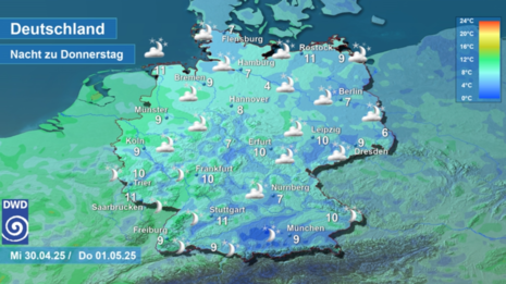 Wettervorhersage sowie Vorhersage der nächtlichen Tiefsttemperaturen in Deutschland in der Nacht zum Donnerstag, den 01.05.2025