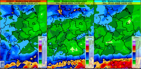 Akkumulierte Gesamtniederschlagsmenge in l/qm bis Anfang der kommenden Woche (Mo, 26.05.) auf Basis unterschiedlicher Wettermodelle (Quelle DWD)