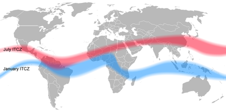Weltkarte mit Lage der Innertropischen Konvergenzzone im Juli (Karibik-Nordafrika-Japan) und im Januar (Norden Südamerikas-Zentralafrika-Ozeanien).