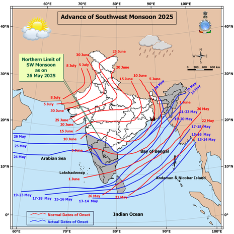 Karte Indiens mit Linien gleichen Datums für die nördliche Ausdehnung des Monsuns im langjährigen Mittel und dieses Jahr. (Quelle Indischer Wetterdienst: https://mausam.imd.gov.in/responsive/monsooninformation.php)