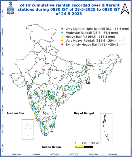 Karte Indiens mit nach Niederschlagsmenge eingefärbten Stationen. Hohe Niederschlagsmengen an der Westküste Indiens. (Quelle Indischer Wetterdienst: https://mausam.imd.gov.in/responsive/monsooninformation.php)