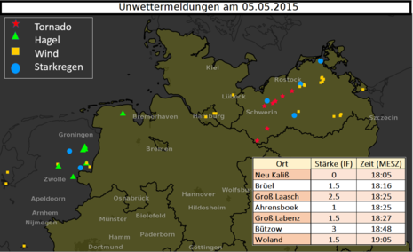Die Grafik zeigt alle Unwettermeldungen in der europäischen Unwetterdatenbank (eswd.eu) in Norddeutschland. Zu sehen sind auch die sieben Tornados. Zudem wurden alle Tornados am 5. Mai aufgelistet. (Quelle Deutscher Wetterdienst)