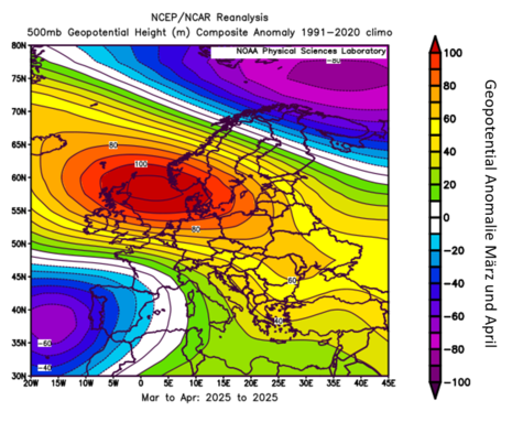Diese Grafik zeigt die Geopotentialanomalie im Zeitraum von März bis April 2025 über Europa. (Quelle NOAA / NCEP)