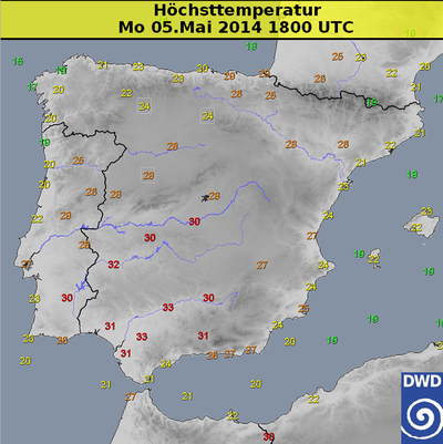 Während bei uns heute die Temperatur auf 11 bis 15 Grad im Norden und Osten und auf bis zu 21 Grad entlang des Rheins steigen wir, schwitzen die Menschen im Süden Spaniens bei strahlendem Sonnenschein und Höchstwerten von bis zu 33 Grad