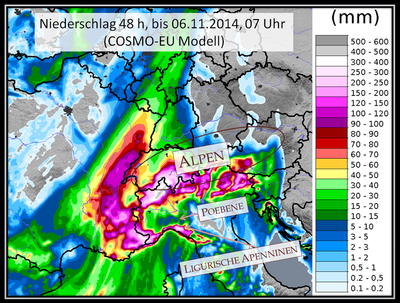 n der angehängten Grafik sind die zu erwartenden Niederschlagsummen bis Donnerstagfrüh dargestellt. 