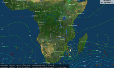 Karte der Meeresoberflächentemperatur [°C] und der Isobaren des Bodendruckfeldes [hPa], vom 03.03.2012, 06:00 UTC