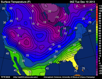 Temperaturen Nordamerika in Fahrenheit, 6:00 UTC