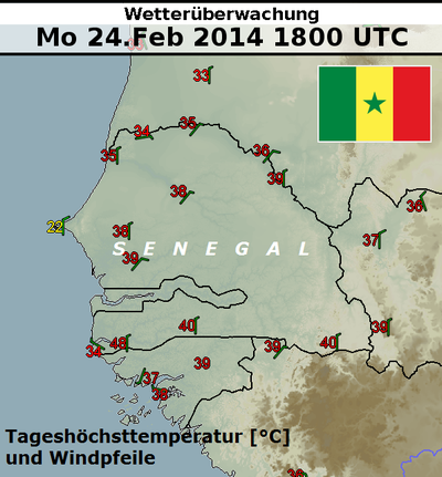 Karte der auf ganze Grade gerundeten Tageshöchsttemperaturen <br/>[°C], mit Windpfeilen, vom 24.02.2014, 18:00 UTC