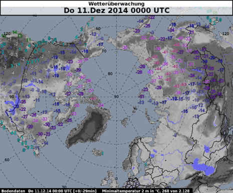 Zirkumpolarkarte der Nordhalbkugel mit den gerundeten Tiefsttemperaturen [°C] vom 11.12.2014, 00:00 UTC