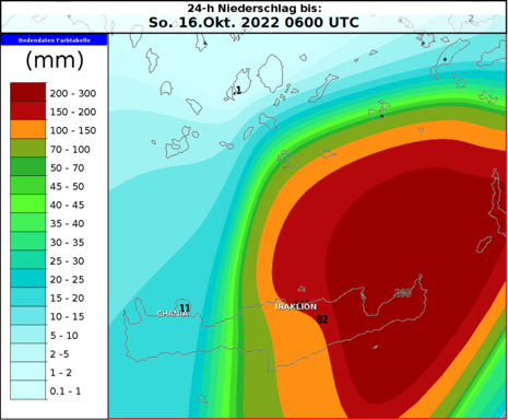 24-stündige Regensumme von Samstag, 15.10.2022 (Quelle Deutscher Wetterdienst)