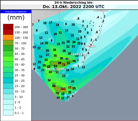 24-stündige Regenmenge Australien von Donnerstag, 13.10.2022 (Quelle Deutscher Wetterdienst)