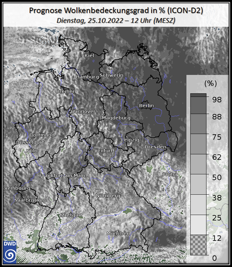 Deutschlandkarte mit Prognose des Bedeckungsgrades in Prozent für Dienstag, den 25.10.202 12 Uhr