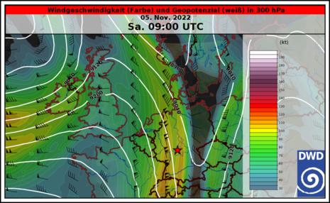 Windgeschwindigkeit in 300 hPa (gefärbte Fläche in Knoten) und Geopotenzial in 300 hPa vom Modell ICON. (Quelle DWD)