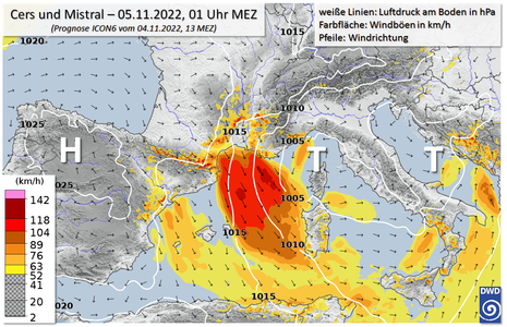 Kartendarstellung der prognostizierten Windgeschwindigkeit (Farbfläche), Windrichtung (Pfeile) und des Luftdrucks (weiße Linien) für den 05.11.2022, 01 Uhr.