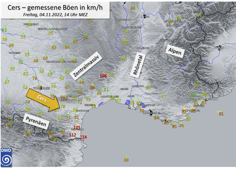 Kartendarstellung der gemessenen Spitzenböen in km/h am 04.11.2022 zwischen 13 und 14 Uhr.