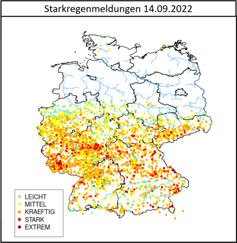 Dargestellt sind die Starkregenmeldungen aus der Warnwetter App rund um die Tiefdrucklage am 14.09.2022.