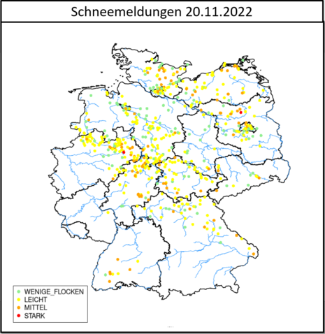 Dargestellt sind die Schneemeldungen aus der Warnwetter App in Zusammenhang mit den ersten Flachlandschneefällen am 20.11.2022.