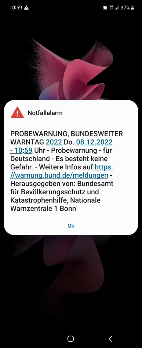 Screenshot Warnmeldung mittels cell-broadcast