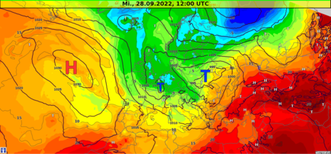 Temperatur auf etwa 1500 Meter und Bodendruck für Mittwoch, den 28.09.2022