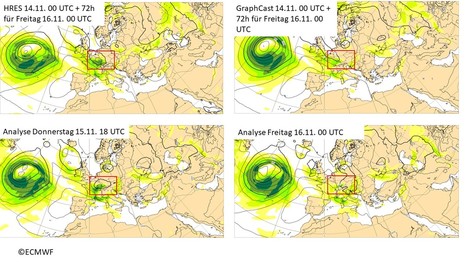 Windgeschwindigkeit auf ca. 1500 m (Farbfläche) und Luftdruck auf Meereshöhe (Linien) oben Vorhersage für 3 Tage unten Analyse von Donnerstag 18 UTC und Freitag 00 UTC (Quelle Europäische Zentrum für mittelfristige Wettervorhersage (EZMW))