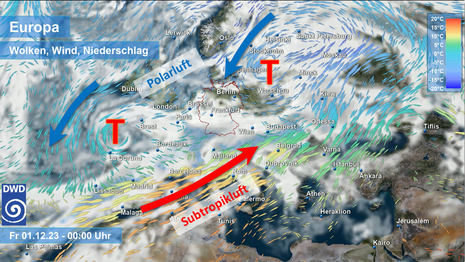 Strömungen und Temperaturen auf 850 hPa (Quelle DWD - Deutscher Wetterdienst)