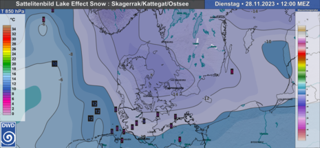 Gemessene Wassertemperatur an Nord- und Ostsee und Temperatur in 850 hPa