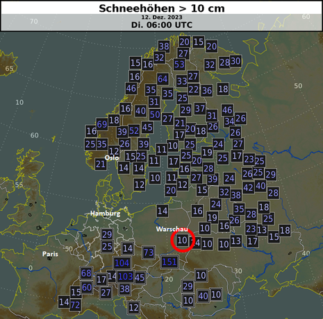 Schneehöhen in Nord-, Ost- und Mitteleuropa am heutigen Dienstagmorgen