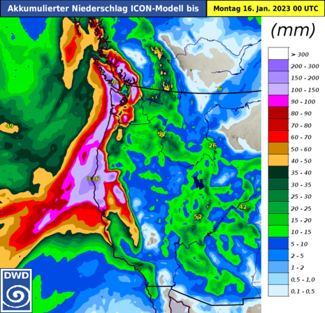 Akkumulierter Niederschlag vom ICON Modell an der Westküste Nordamerikas bis zum Montag, den 16.01.23 0 UTC