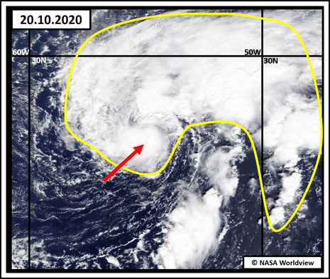 Der rote Pfeil zeigt auf das Zentrum, gelb umrandet ist der Bereich mit hochreichender und beständiger Konvektion. Das Bild ist vom 20.10.2020. (Quelle NASA Worldview)