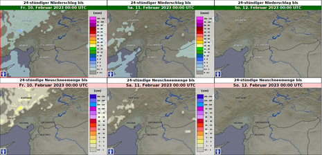 Niederschlagsmenge im Erdbebengebiet von Do, den 09.02.2023, 0 UTC bis So, den 12.02.2023, 0 UTC