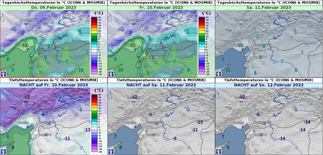 Tageshöchsttemperaturen und nächtliche Tiefsttemperaturen von Do, den 09.02.2023 bis inklusive der Nacht zum So, den 12.02.2023