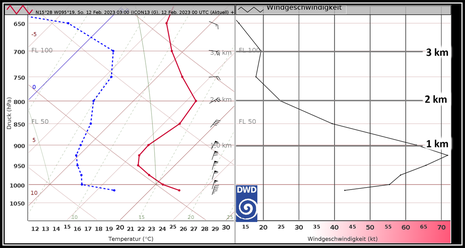 Links das Vertikalprofil der Temperatur (rote Linie) und das Profil des Taupunktes (blaue Linie) sowie rechts die vertikale Verteilung der Windgeschwindigkeit (schwarze Linie). (Quelle DWD)