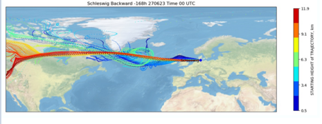 Die Grafik zeigt eine Rückwärtstrajektorie für Schleswig zur Identifizierung der Luftmassenherkunft. (Quelle DWD)