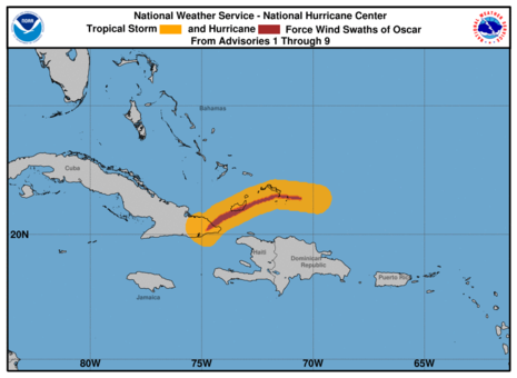 Karte mit Gebieten, die Wind in Hurrikan- oder Sturmstärke entlang der Zugbahn von OSCAR zeigt. (Quelle: NHC https://www.nhc.noaa.gov/)