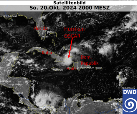 Satellitenbild der Karibik von Sonntagabend, 20.10.2024 20 Uhr MESZ mit OSCAR knapp nordöstlich von Kuba. (Quelle: DWD)