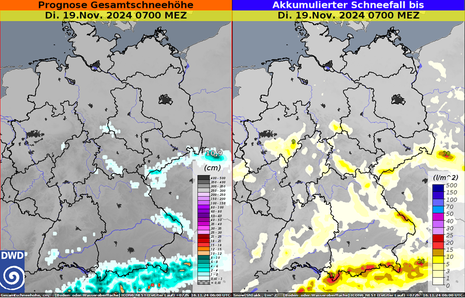 Links Gesamtschneehöhe am, rechts aufsummierter Schneefall bis Dienstagmorgen. (Quelle DWD - Deutscher Wetterdienst)