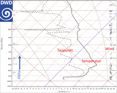 Taupunkts- und Temperaturkurve gegen die Höhe. Inversion zwischen 500 und 600 Meter Höhe. (Quelle DWD - Deutscher Wetterdienst)