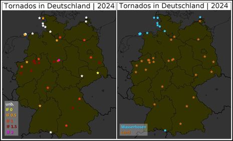 Die beide Karten zeigen die Verteilung der Tornados im Jahr 2024. Auf der linken Seite wurden die Tornados in Wasserhosen und Tornados über Land unterschieden. Rechts sieht man die Stärke der Tornados. (Quelle Deutscher Wetterdienst)