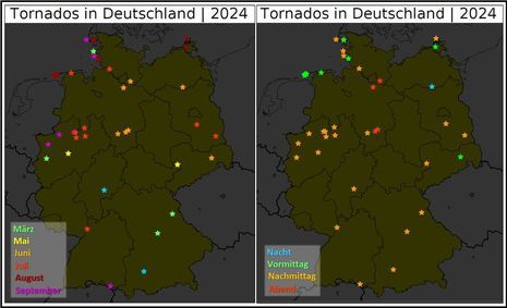 Die beide Karten zeigen die Verteilung der Tornados im Jahr 2024. Auf der linken Seite ist der Jahresgang der Tornados zu erkennen. Rechts sieht man den Tagesgang der Tornados in diesem Jahr mit der größten Anzahl in den Nachmittagsstunden. (Quelle Deutsc