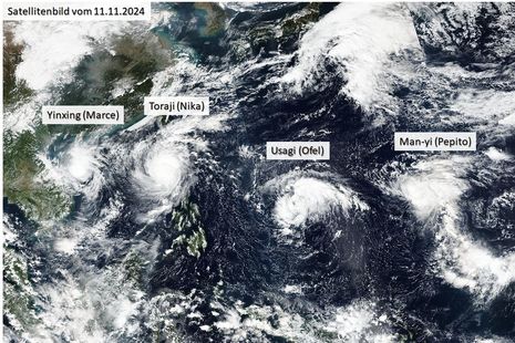 Satellitenbild vom 11.11.2024 mit vier tropischen Systemen. (Quelle Wikipedia)