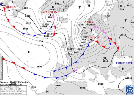 Vorhersagekarte Bodendruck und Lage der Fronten am morgigen Donnerstag, den 19.12.2024 12 UTC (Quelle: DWD)