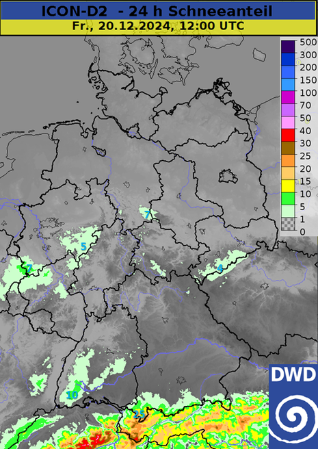 Deutschlandkarte mit Farbflächen, die den 24-stündigen Schneeanteil der auftretenden Niederschläge anzeigt. (Quelle DWD - Deutscher Wetterdienst)