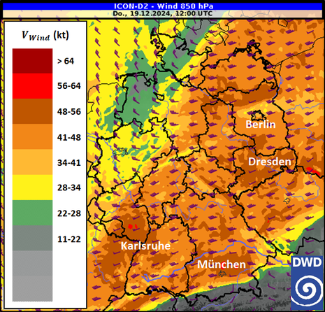 Höhenwinde nach ICON-D2 für Donnerstag, 19.12.2024, 12:00 UTC in 850 hPa (ca. 1,5 km Höhe) (Quelle DWD - Deutscher Wetterdienst)