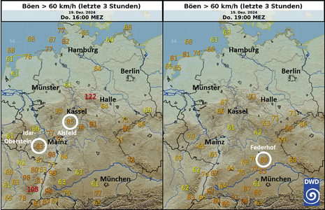 Maximalböen am Donnerstag, 19.12.2024, Zeitintervall 13:00 bis 16:00 MEZ (links) und 16:00 bis 19:00 MEZ (rechts) (Quelle DWD - Deutscher Wetterdienst)