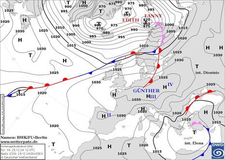 Karte Europa und Nordatlantik mit Vorhersage Bodendruck, für Mittwoch, den 25.12.2024, mittags (Quelle Deutscher Wetterdienst)