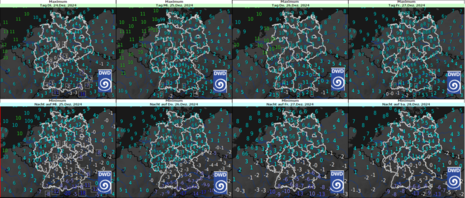 Vorhersage der Höchsttemperatur (oben) und Tiefsttemperatur (unten) für Dienstag (24.12.2024) bis Freitag (27.12.2024) (Quelle Deutscher Wetterdienst)