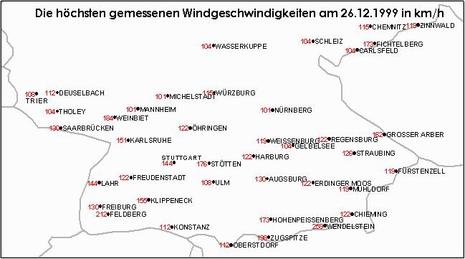 Die stärksten gemessenen Böen über Süddeutschland am 26.12.1999. Gezeigt werden alle Stationen mit Böen über 100 Kilometer pro Stunde. (Quelle: DWD)