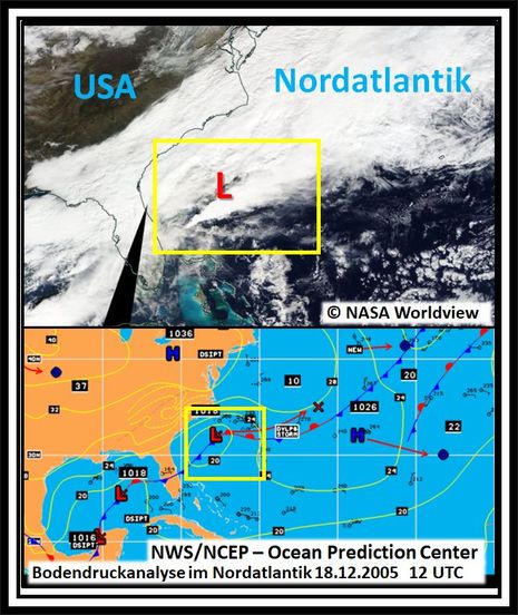 Satellitenbild vom Seegebiet östlich Floridas und Frontenanalyse vom 18.12.2005, 12 UTC (Quelle NASA Worldview und Ocean Prediction Center, NWS/NCEP)